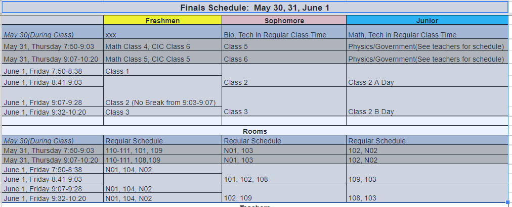 Finals Schedule May June 2018
